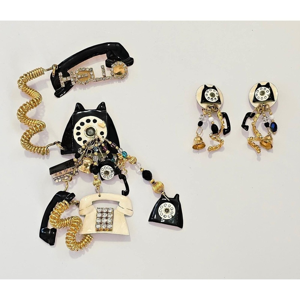 MASSIVE Vintage "Lunch at The Ritz" Telephone Brooch and Clip On Earrings